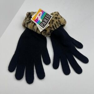 VTG Cheetah Print Winter Gloves in Black NWT 80s Knit Animal Print Mob Wife Chic